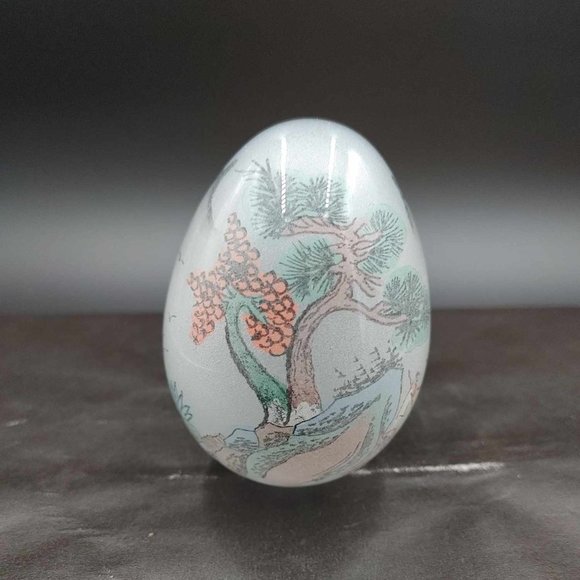 Vintage Reverse Hand Painted Glass Egg Japanese Scene Mountain Tree - No Stand - Picture 2 of 9